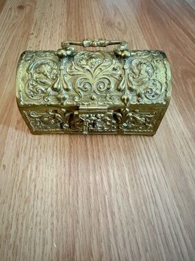 Ornate Embossed Metal Treasure Box in Gold Tone